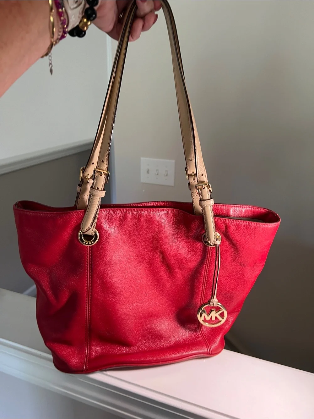 Michael Kors Red Leather Tote with Tan Handles and Gold MK Charm